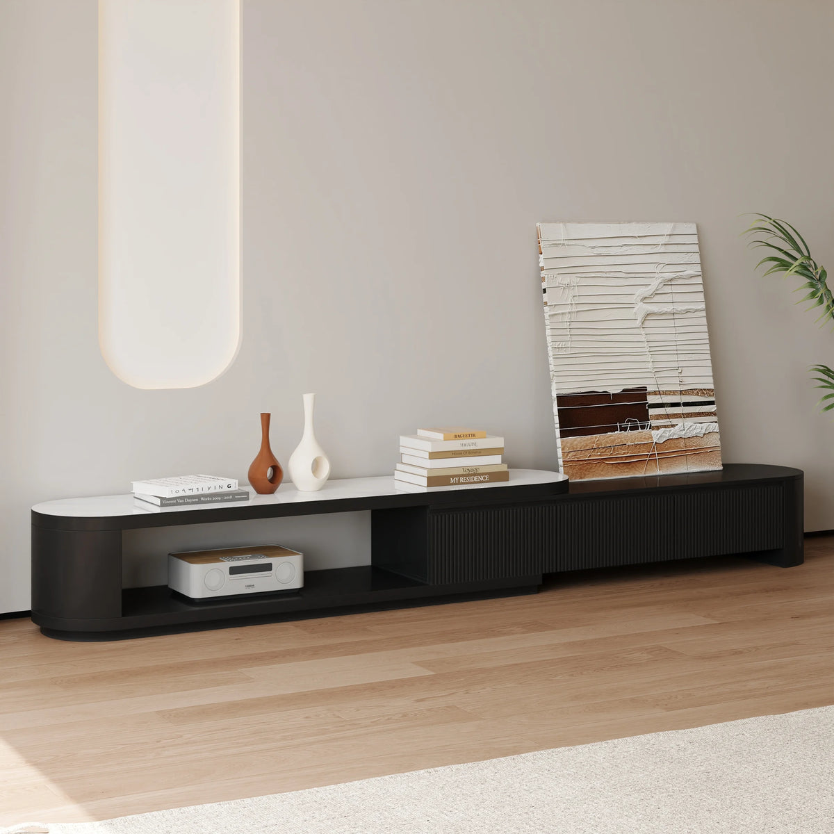 Meuble TV extensible Velar 180-290 cm à cannelures avec plateau pierre frittée et 3 tiroirs Noir mat