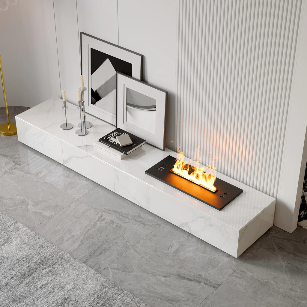 Meuble TV moderne 200 cm, effet flammes LED, humidificateur et 2 tiroirs Blanc brillant