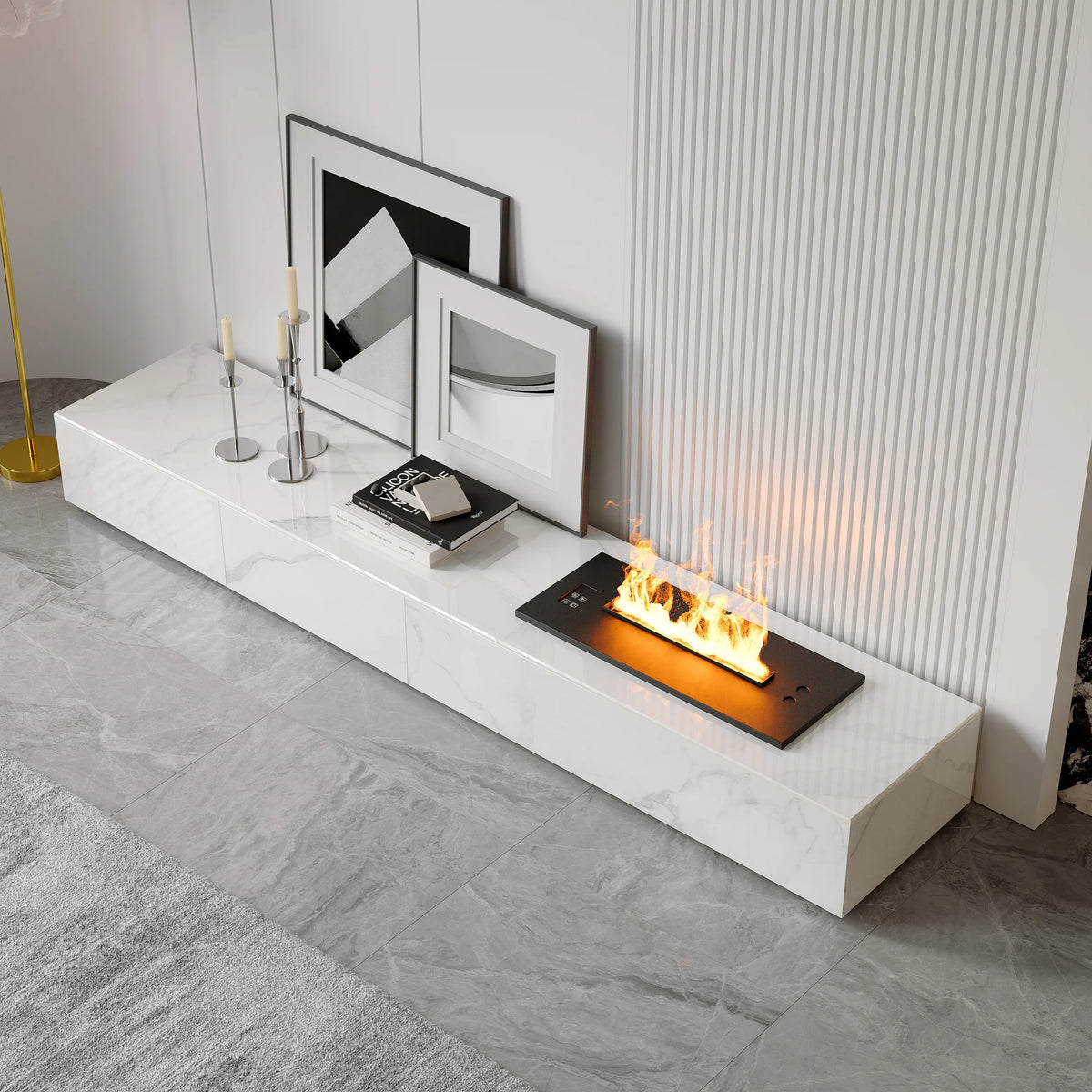 Meuble TV moderne 200 cm, effet flammes LED, humidificateur et 2 tiroirs Blanc brillant