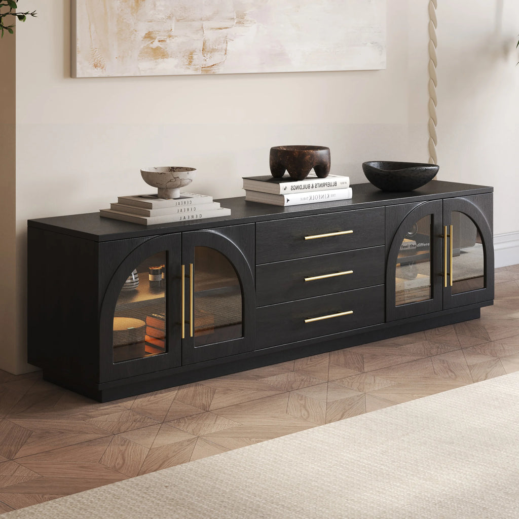Ensemble meuble TV et table basse Arune avec portes cintrées en verre rangement et éclairage LED Noir