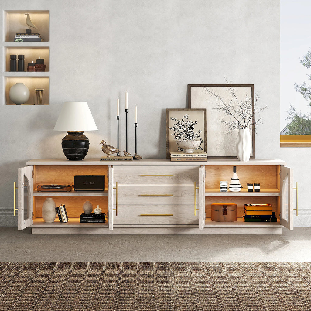 Meuble TV Arune 183 cm avec portes vitrées arquées, blanc chaulé, avec LED