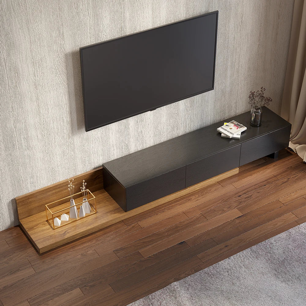 Meuble TV Crator noyer et noir de 210 cm à 280 cm en bois de frêne, extensible, avec 3 tiroirs