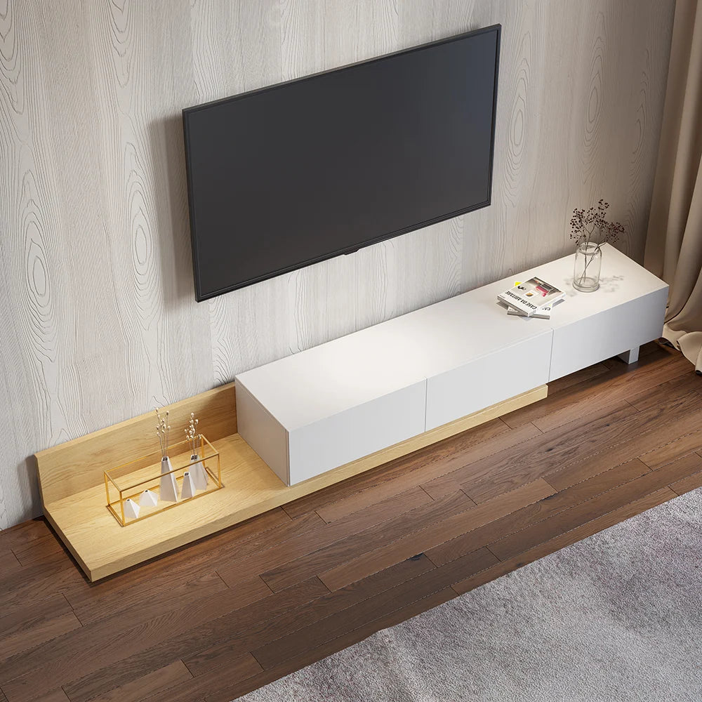 Meuble TV extensible au sol naturel avec 3 tiroirs