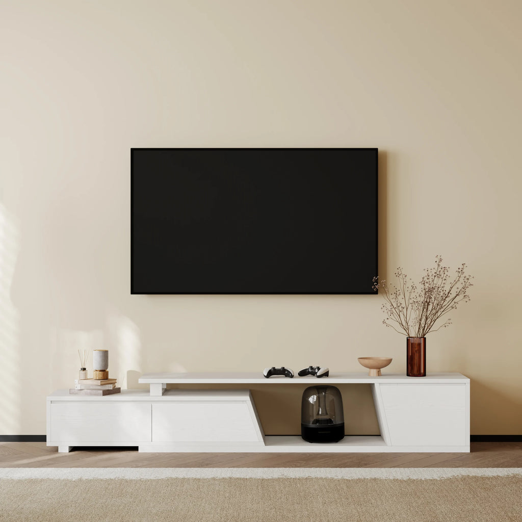 Meuble TV extensible Fero 180 à 280 cm avec 3 tiroirs Blanc