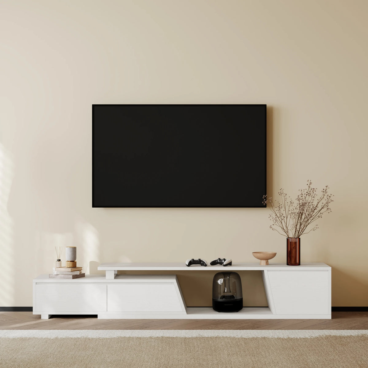 Meuble TV extensible Fero 180 à 280 cm avec 3 tiroirs Blanc