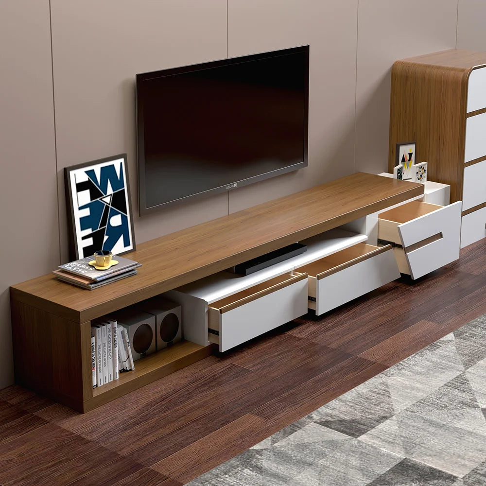Meuble TV extensible moderne blanc et noyer avec rangement, étagère et tiroir