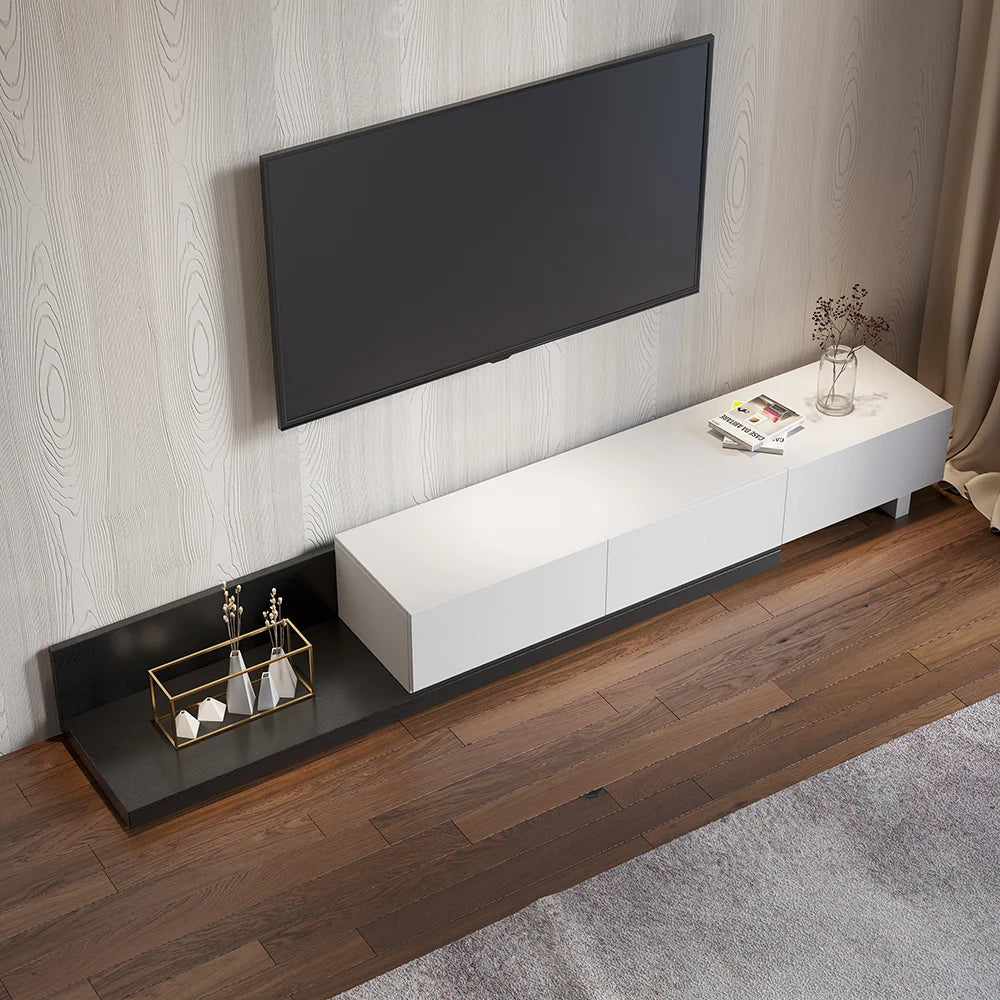 Meuble TV Crator noir et blanc de 210 à 280 cm en bois de frêne, extensible, avec 3 tiroirs