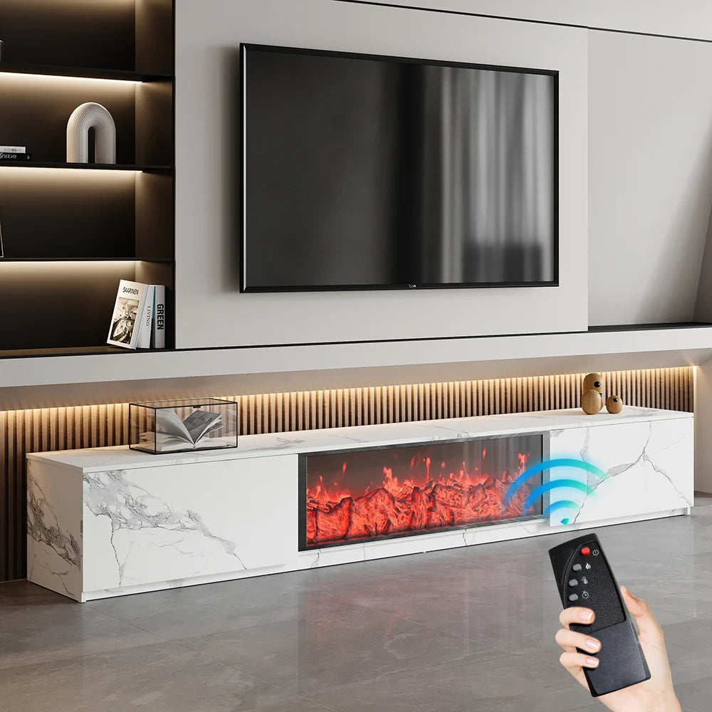 Meuble TV 180 cm finition placage marbre avec effet flammes LED et 2 tiroirs Blanc
