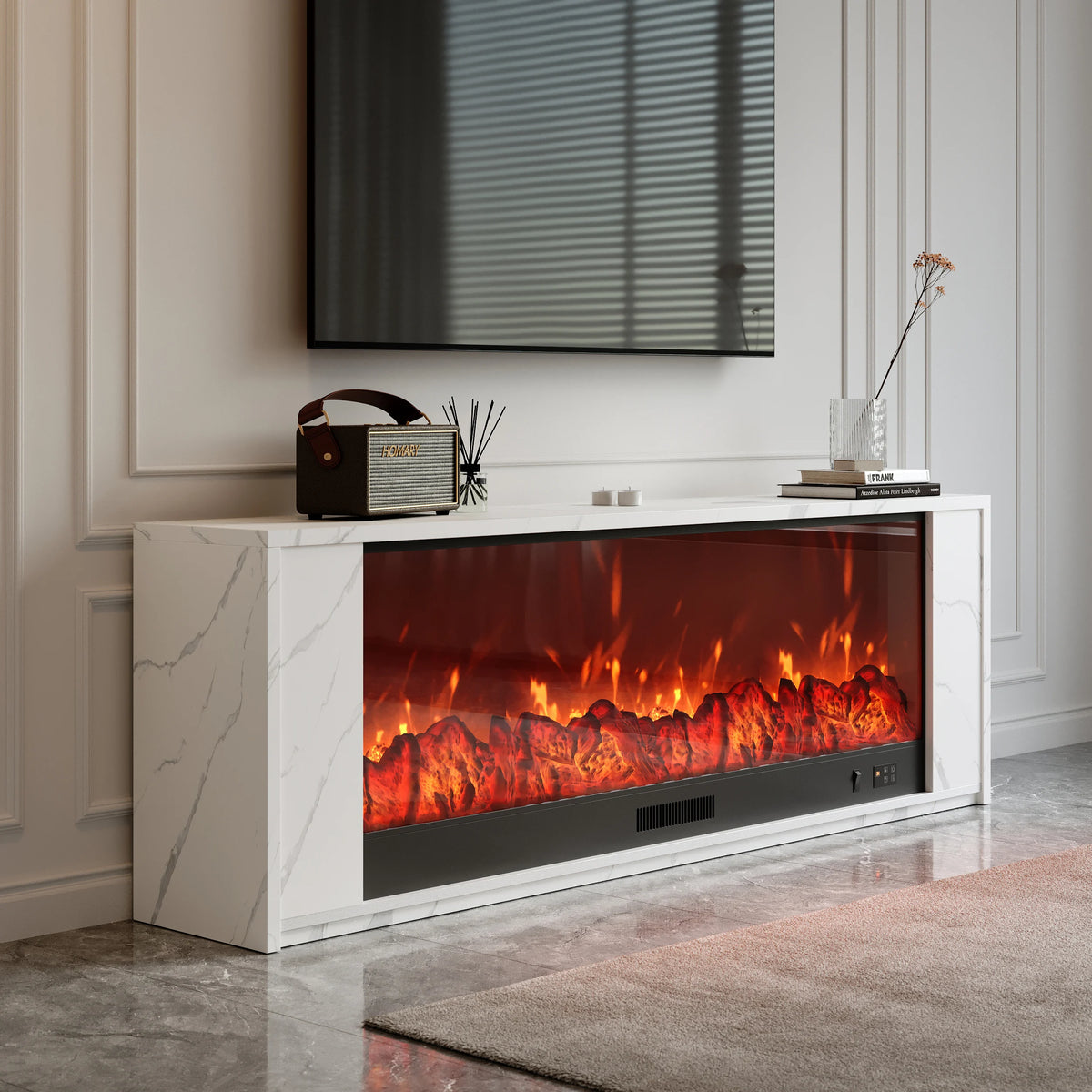 Meuble TV avec cheminée électrique 180 cm en placage marbre avec télécommande Blanc