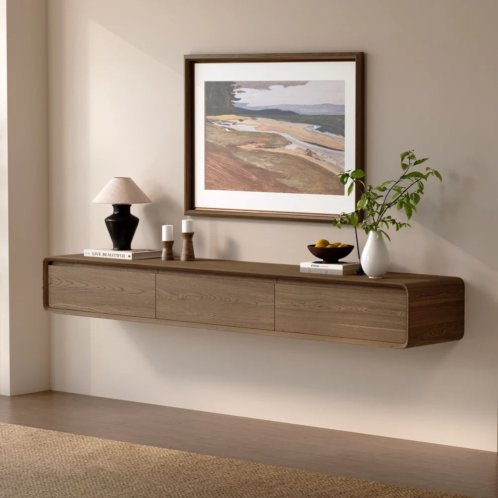 Meuble TV flottant en bois Mid Century en noyer avec 3 tiroirs pour téléviseurs jusqu'à 2159 mm