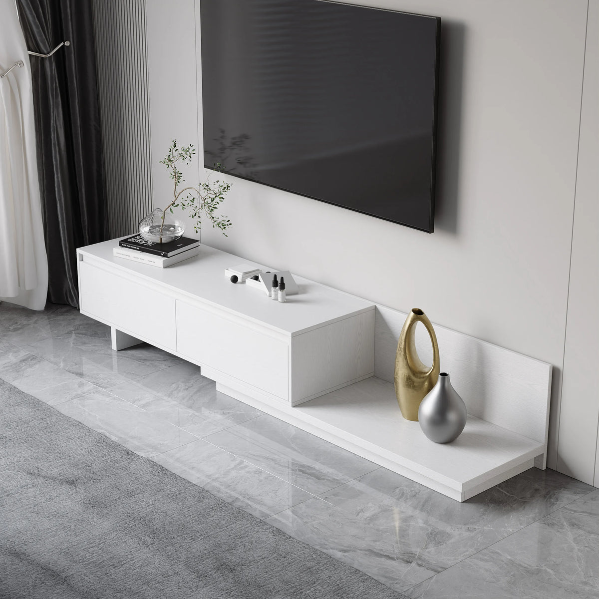 Meuble TV extensible blanc Fero avec 2 tiroirs (1200 mm-2000 mm)