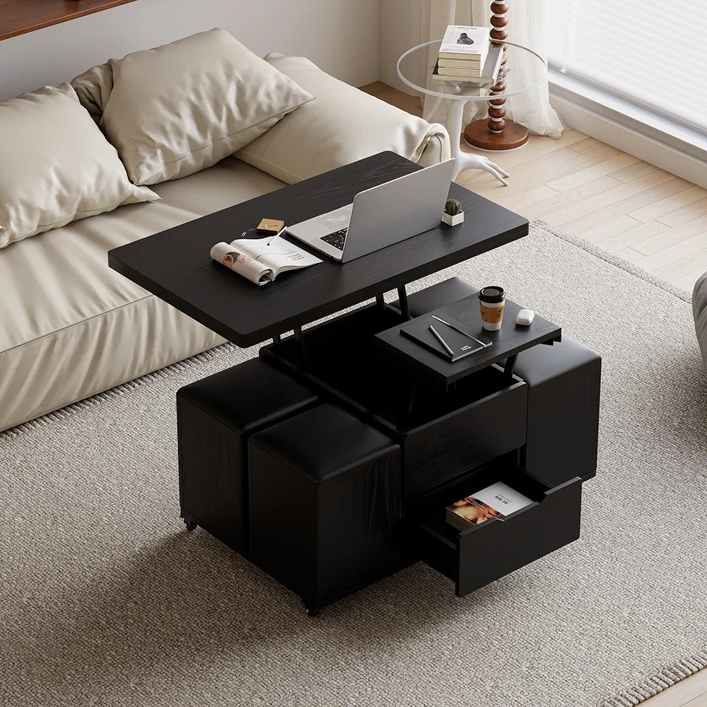 Meuble TV extensible rectangulaire en bois et ensemble de table basse noire à plateau relevable avec rangement