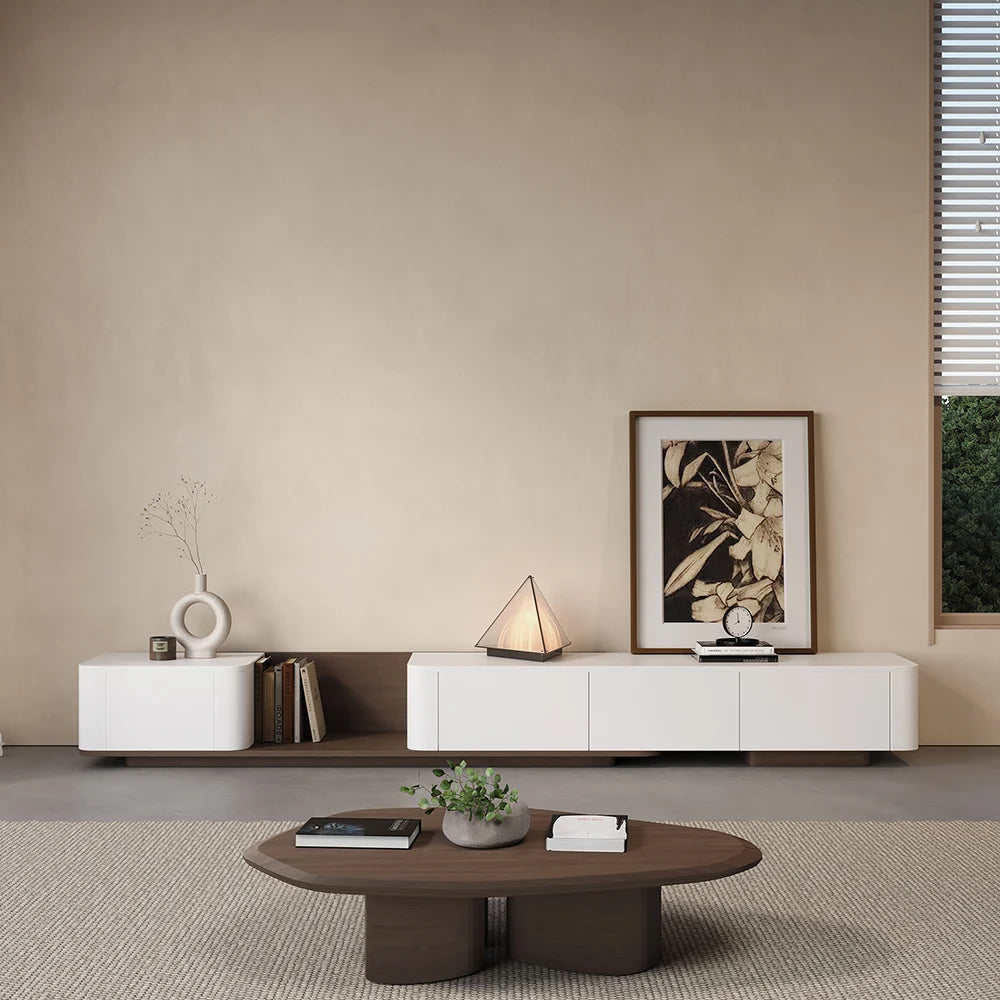 Meuble TV blanc cassé et noyer moderne 200 à 275 cm, extensible, avec 4 tiroirs