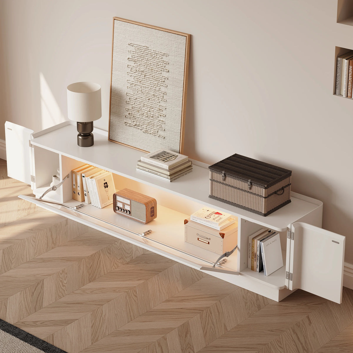 Meuble TV 201 cm avec portes en verre, blanc chaud, avec rangement et LED