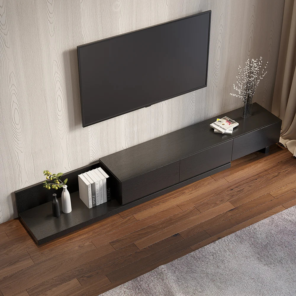 Meuble TV Crator noir 210 à 280 cm en bois de frêne, extensible, avec 3 tiroirs