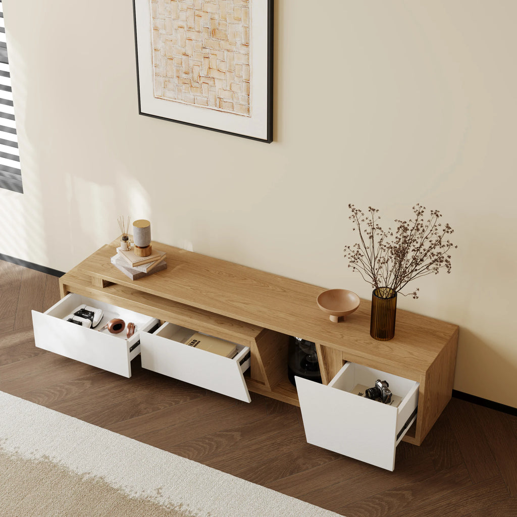 Meuble TV extensible Fero 180-280 cm avec 3 tiroirs Blanc & noyer