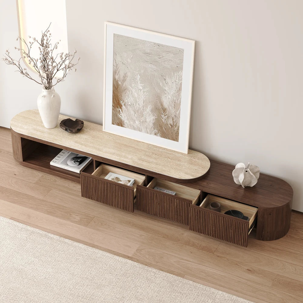 Meuble TV extensible Velar 180-290 cm à cannelures avec plateau pierre frittée et 3 tiroirs Noyer