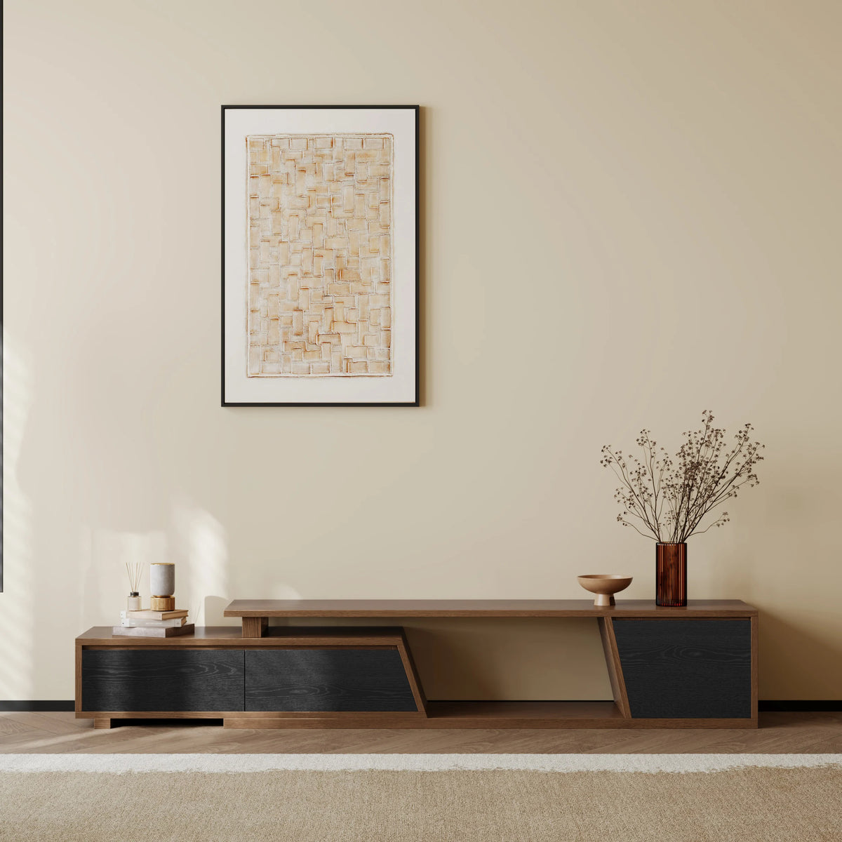 Meuble TV extensible Fero 180 à 280 cm avec 3 tiroirs Noir & noyer