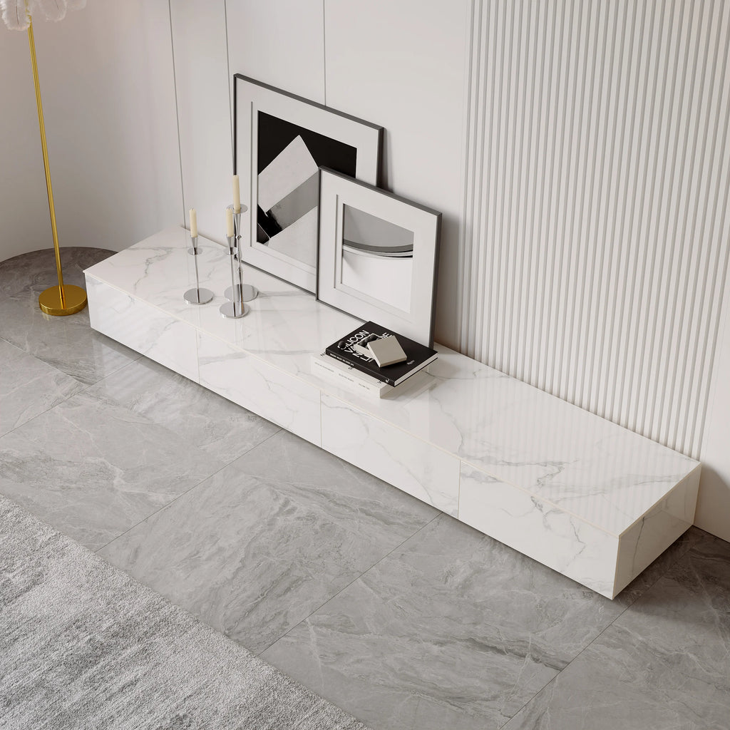 Meuble TV moderne en pierre frittée 200 cm avec 4 tiroirs Blanc brillant