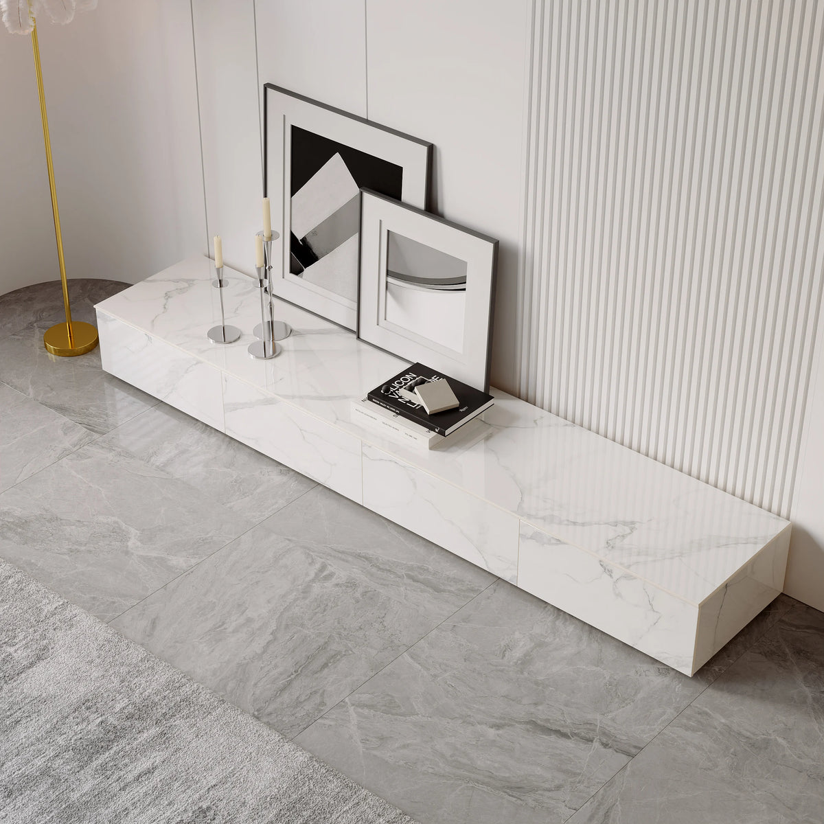 Meuble TV moderne en pierre frittée 200 cm avec 4 tiroirs Blanc brillant