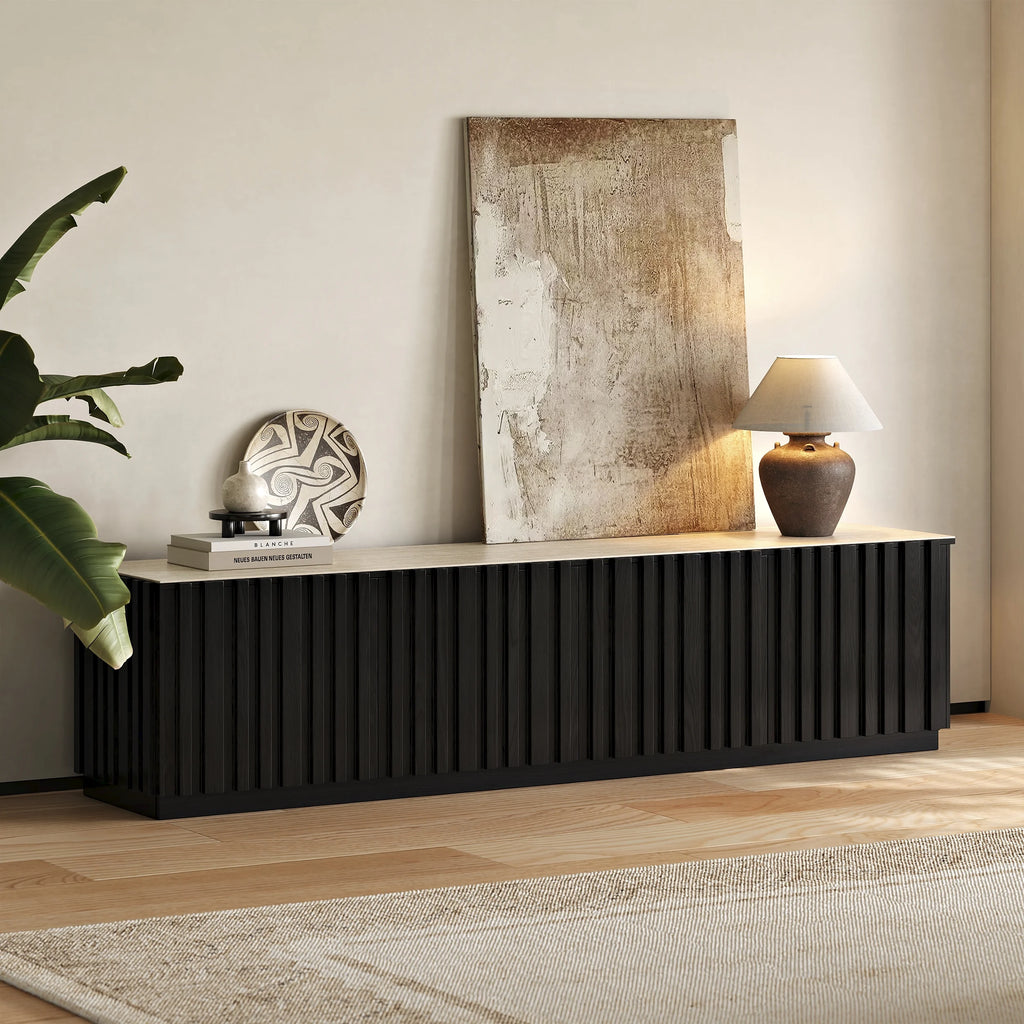 Meuble TV Aura 213 cm en bois de frêne noir avec plateau en pierre frittée
