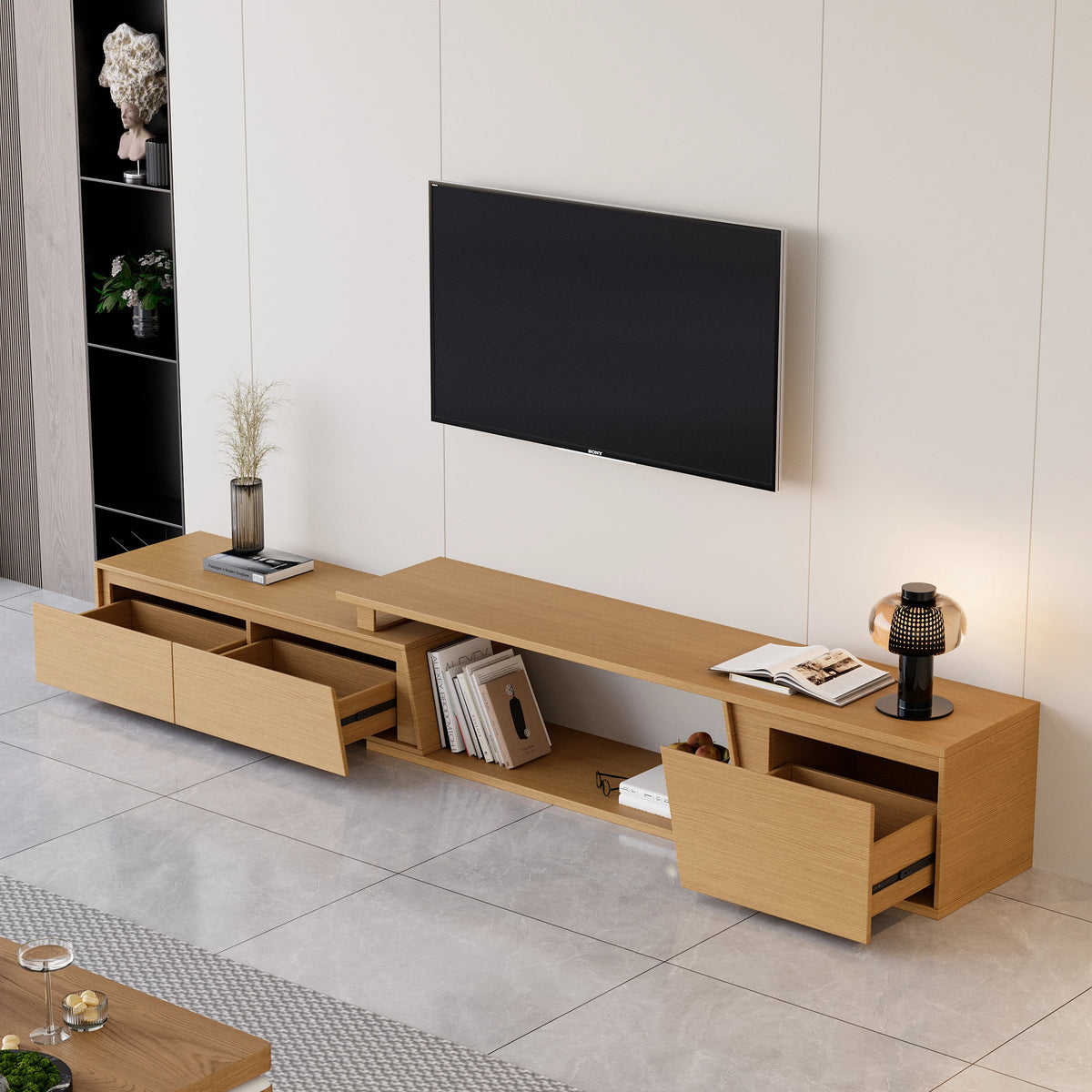 Meuble TV extensible Fero 180 à 280 cm avec 3 tiroirs Bois