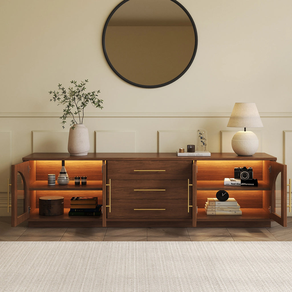 Meuble TV Arune 183 cm avec portes vitrées arquées, noyer, avec rangement et LED