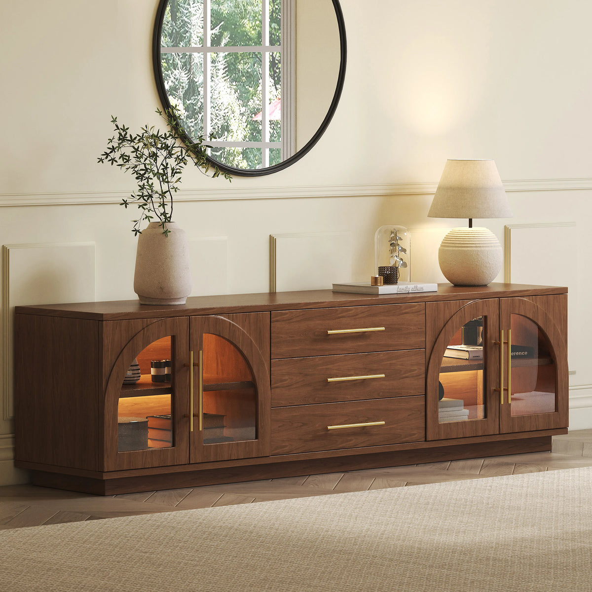 Ensemble meuble TV et table basse Arune avec portes cintrées en verre rangement et éclairage LED Noyer