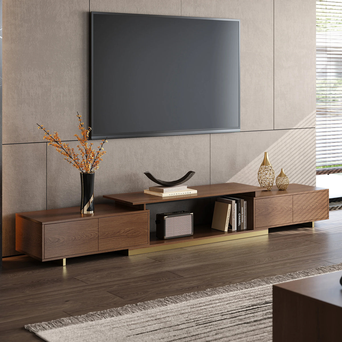 Ensemble meuble tv extensible et table basse Mordel en noyer brillant