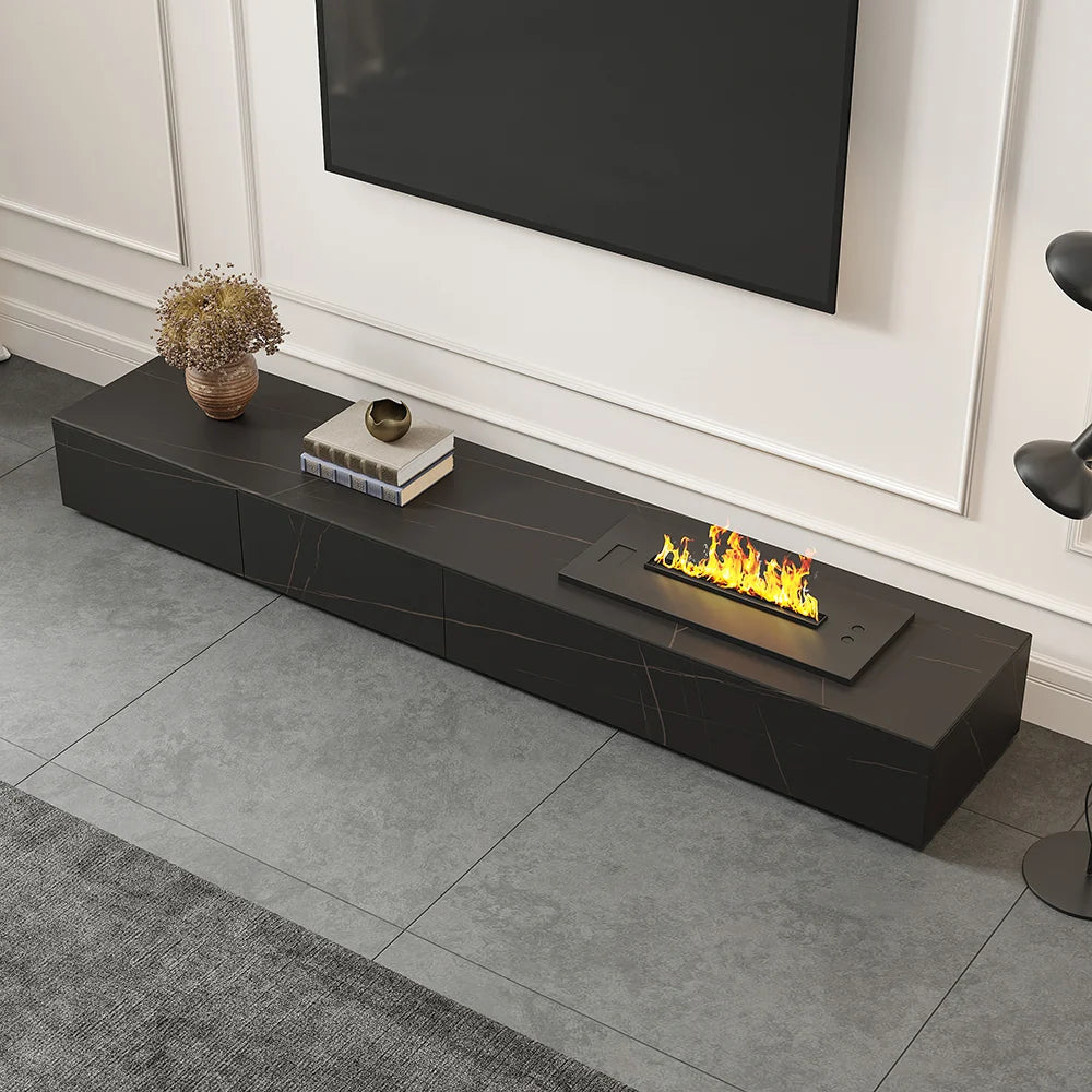 Meuble TV moderne 200 cm , effet flammes LED, humidificateur et 2 tiroirs Noir mat
