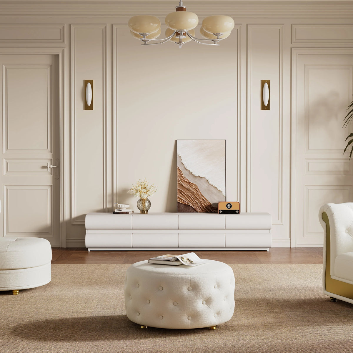 Meuble TV Humply en cuir blanc chaud moderne de 2000 mm avec console multimédia à 8 tiroirs