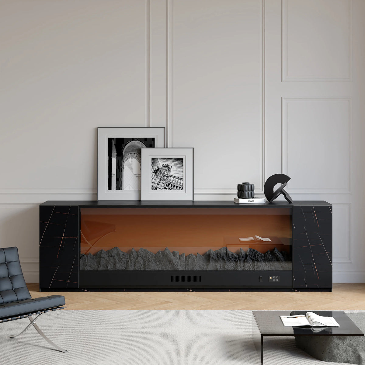 Meuble TV avec cheminée électrique 200 cm en pierre frittée avec télécommande Noir mat