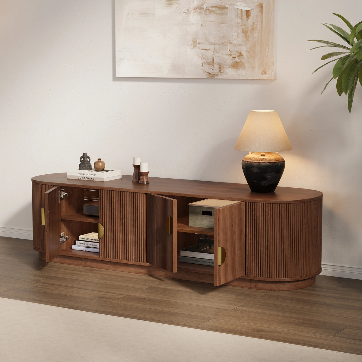 Meuble TV ovale cannelé en bois massif de 1600 mm