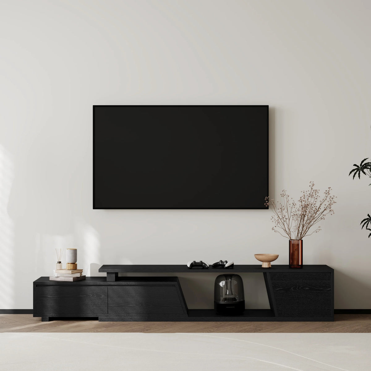 Meuble TV extensible noir Fero avec 3 tiroirs (1800 mm à 2800 mm)