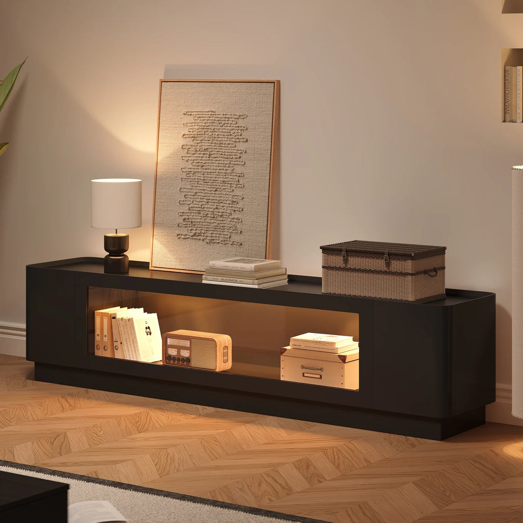 Meuble TV noir de 201 cm avec portes vitrées, rangements et LED