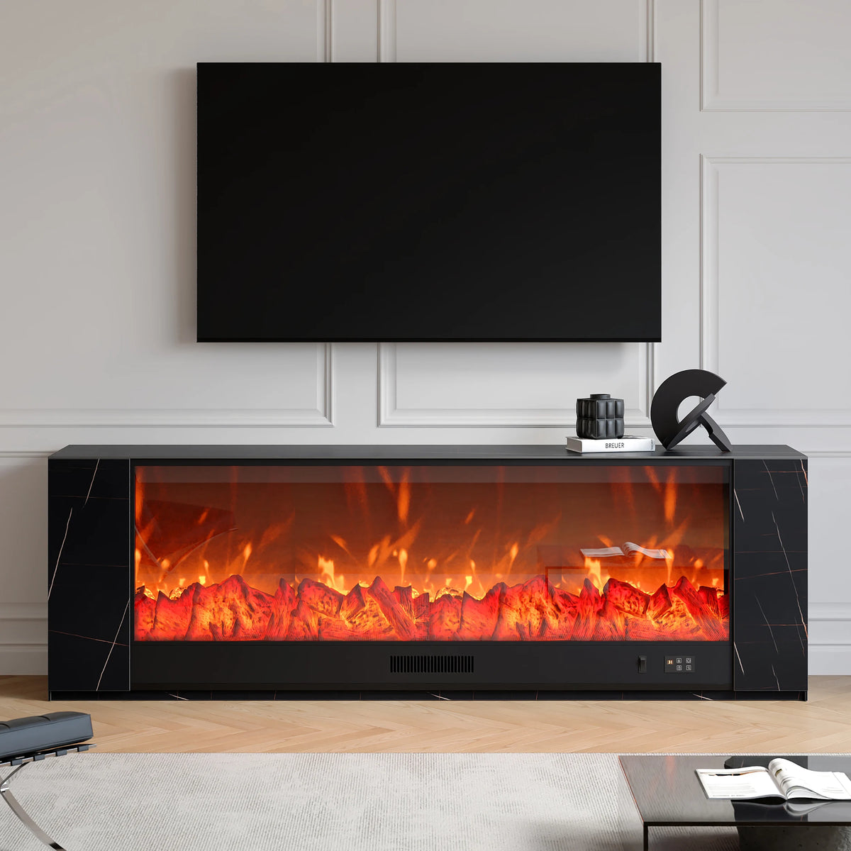 Meuble TV de cheminée électrique en pierre frittée de 1800 mm avec télécommande
