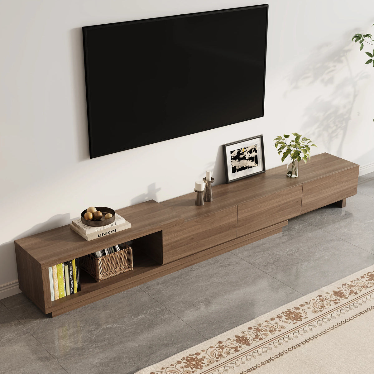 Meuble TV extensible Quoint 180 à 255 cm avec 3 tiroirs Noyer
