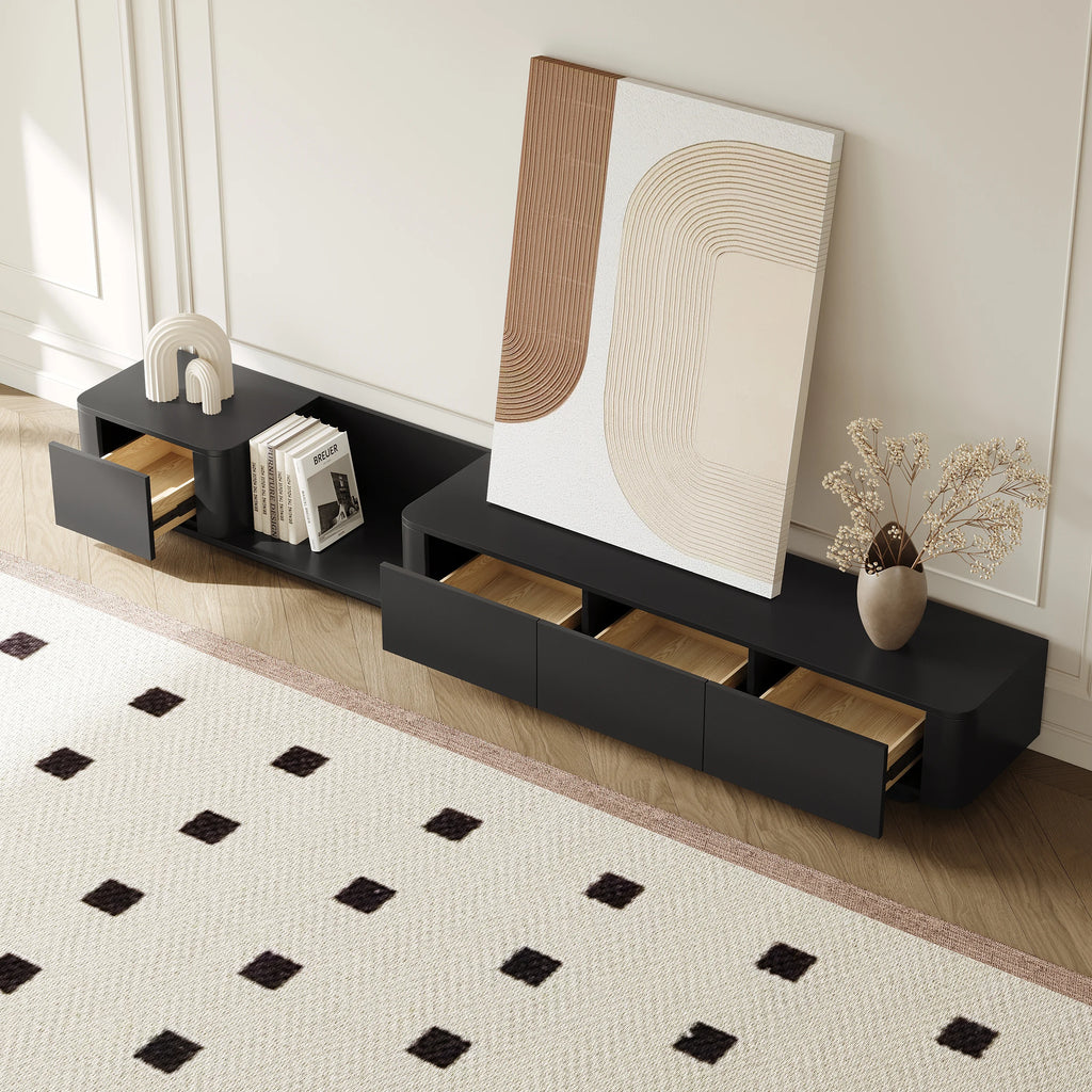 Meuble TV noir moderne 200 à 275 cm, extensible, avec 4 tiroirs