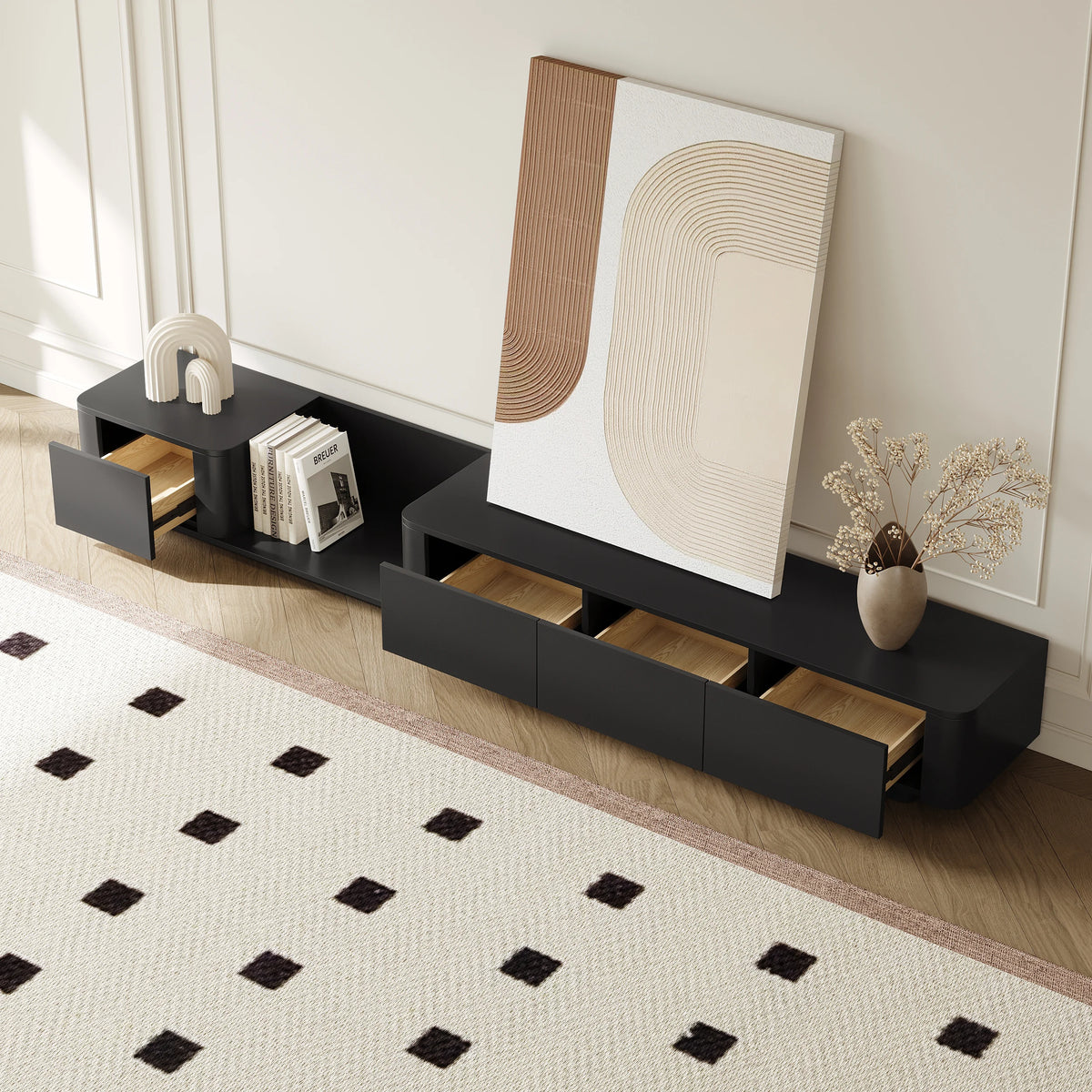 Meuble TV noir moderne 200 à 275 cm, extensible, avec 4 tiroirs