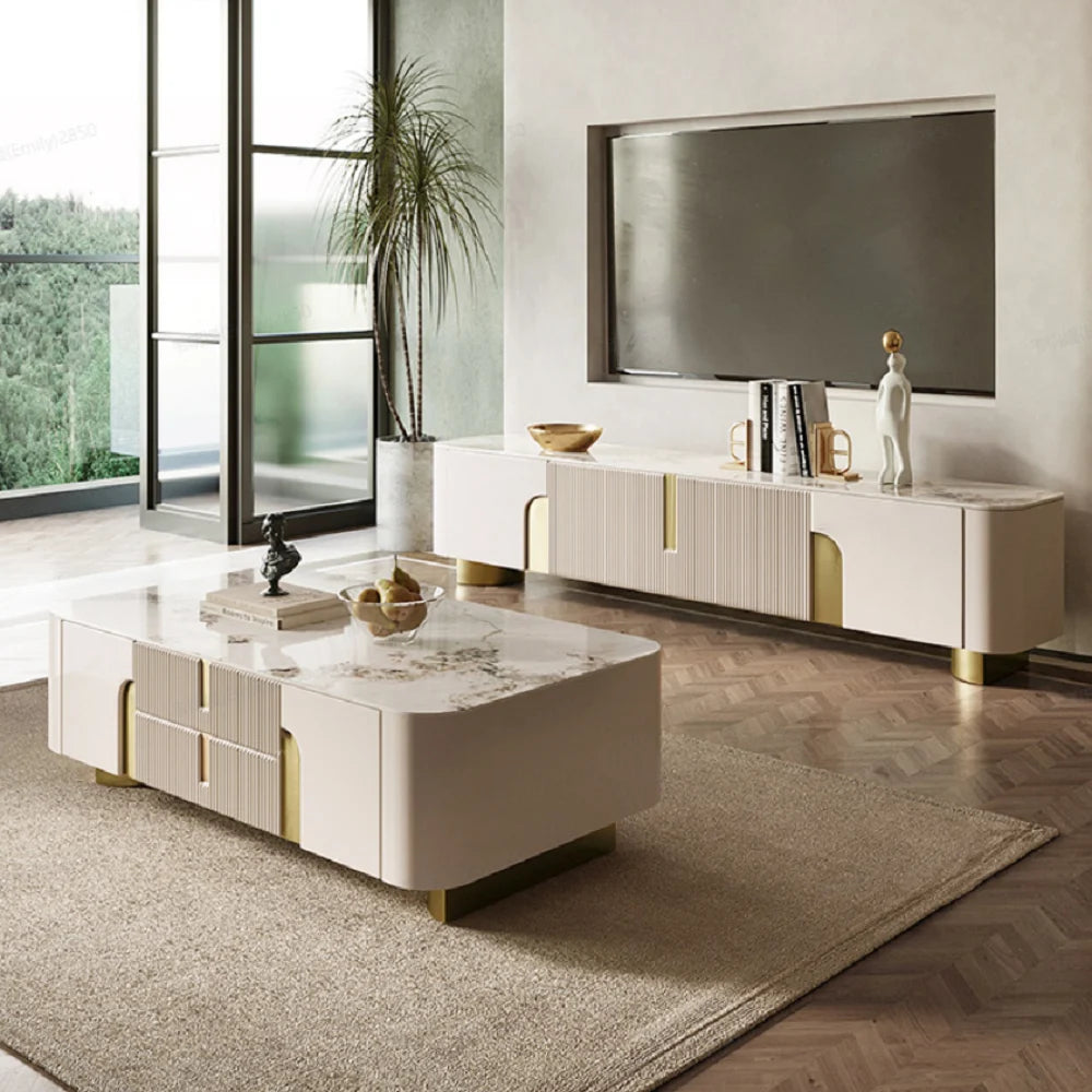 Meuble TV Artis 200 cm avec plateau en pierre, beige et or, 4 portes et rangement