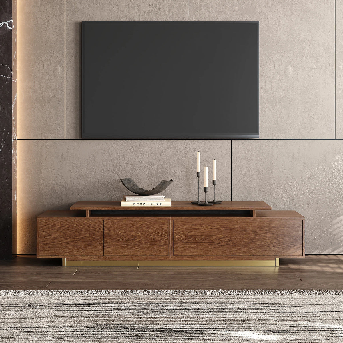Meuble TV extensible Mordel 160 à 240 cm noyer avec rangement