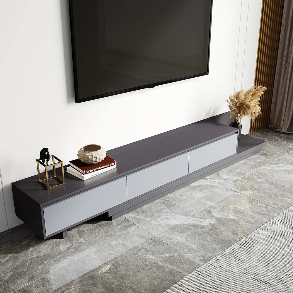 Meuble TV rétractable gris moderne Fero Console multimédia extensible avec 3 tiroirs jusqu'à 120 pouces