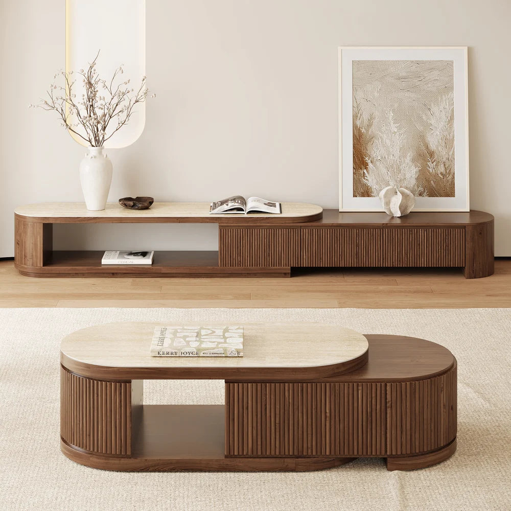 Meuble TV extensible Velar 180-290 cm à cannelures avec plateau pierre frittée et 3 tiroirs Noyer
