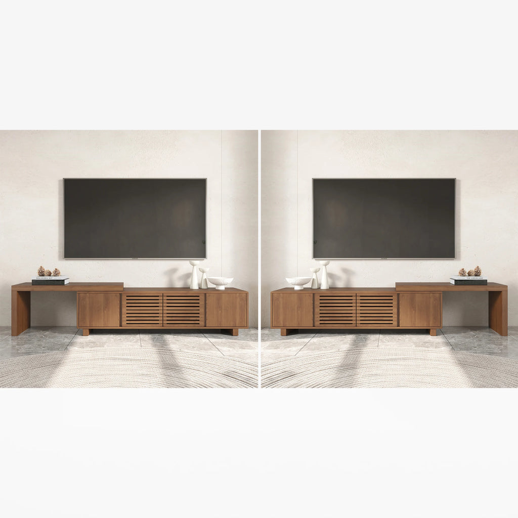 Meuble TV extensible en noyer inspiré du gril avec rangement (1600 mm à 2100 mm)
