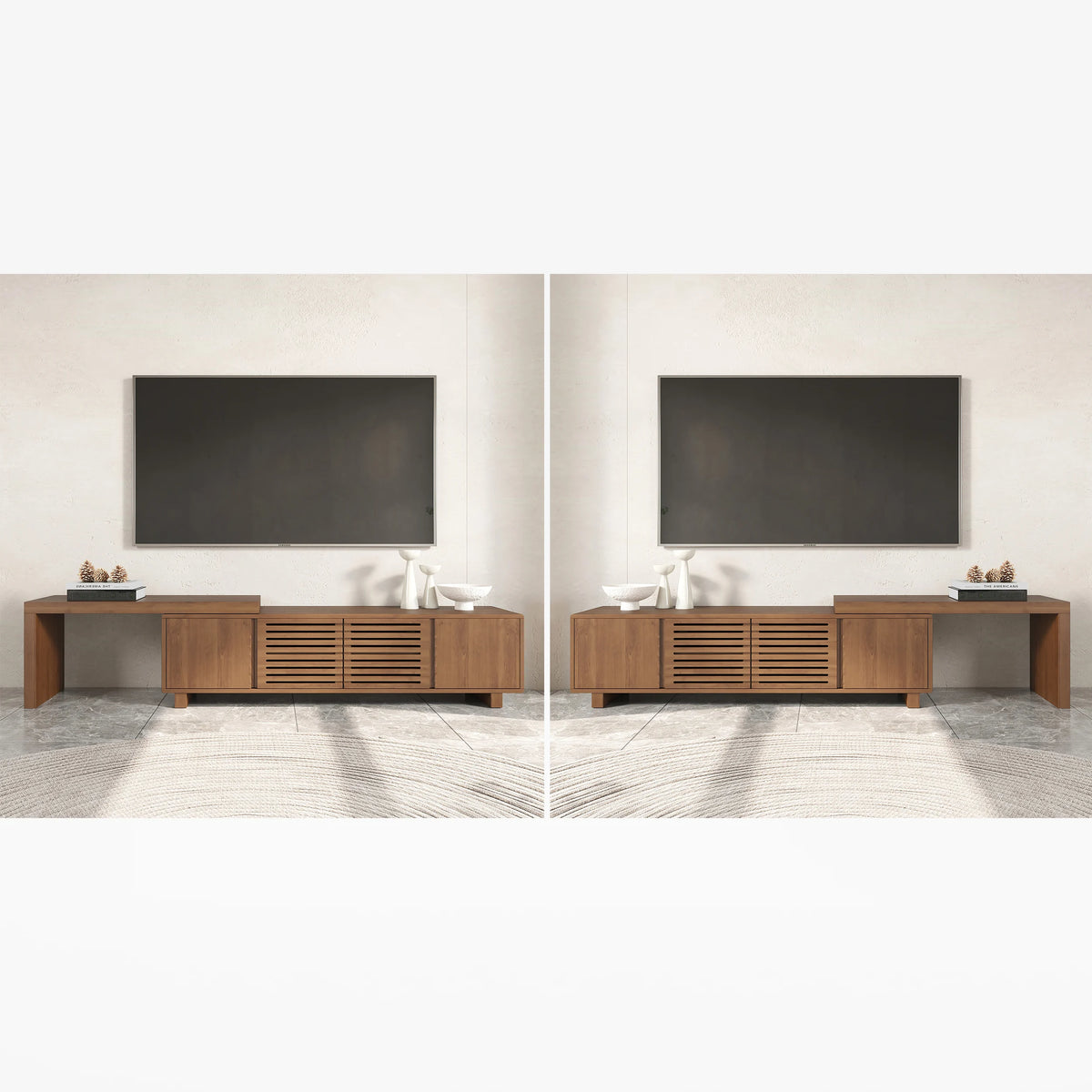 Meuble TV extensible en noyer inspiré du gril avec rangement (1600 mm à 2100 mm)