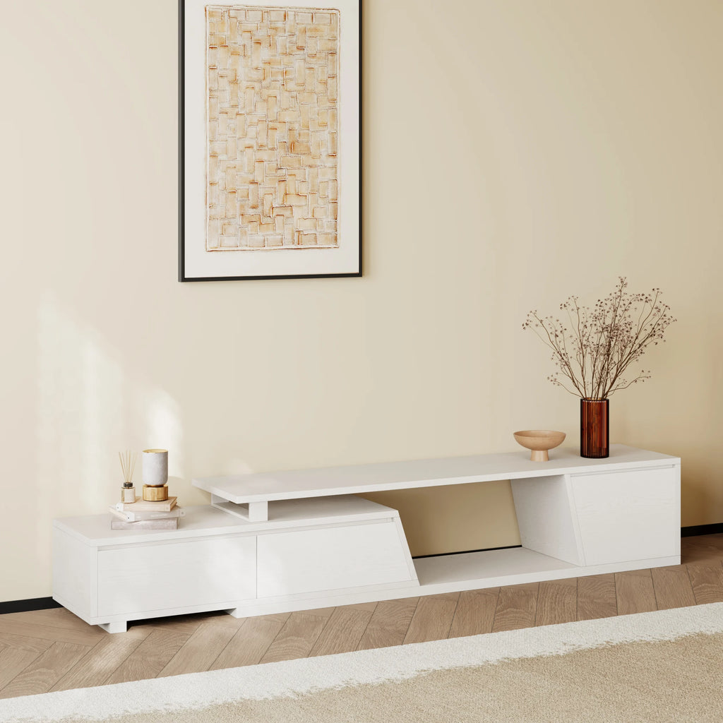 Meuble TV extensible Fero 180 à 280 cm avec 3 tiroirs Blanc