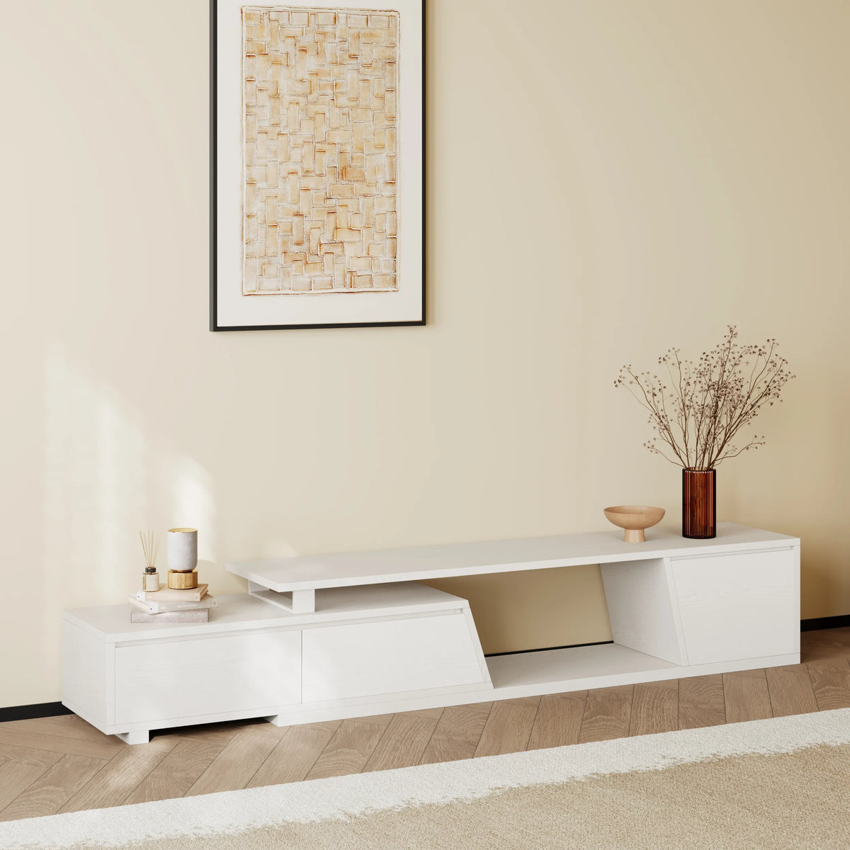 Meuble TV extensible Fero 180 à 280 cm avec 3 tiroirs Blanc
