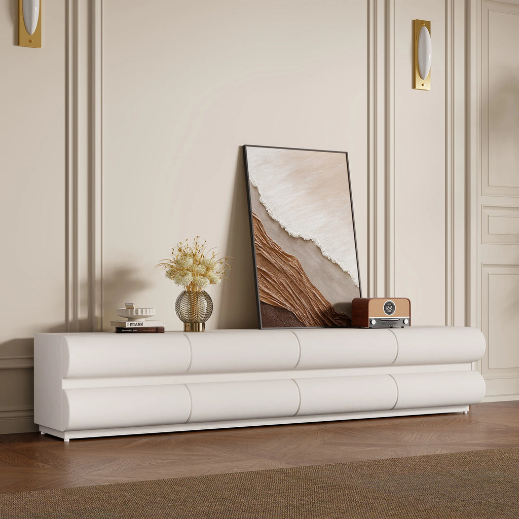 Meuble TV Humply en cuir blanc chaud moderne de 2000 mm avec console multimédia à 8 tiroirs