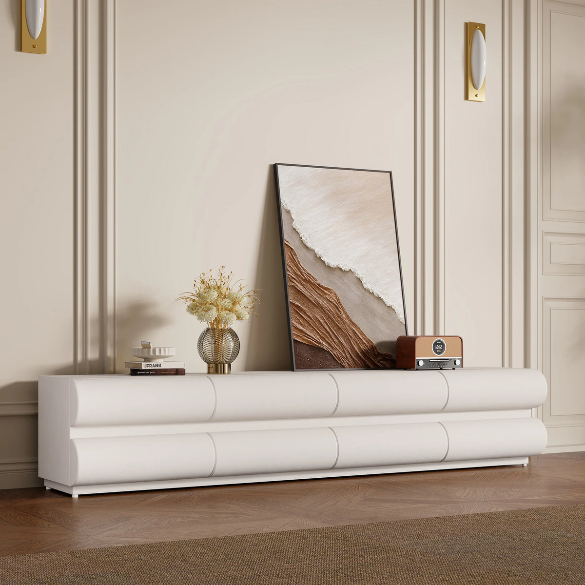 Meuble TV Humply en cuir blanc chaud moderne de 2000 mm avec console multimédia à 8 tiroirs