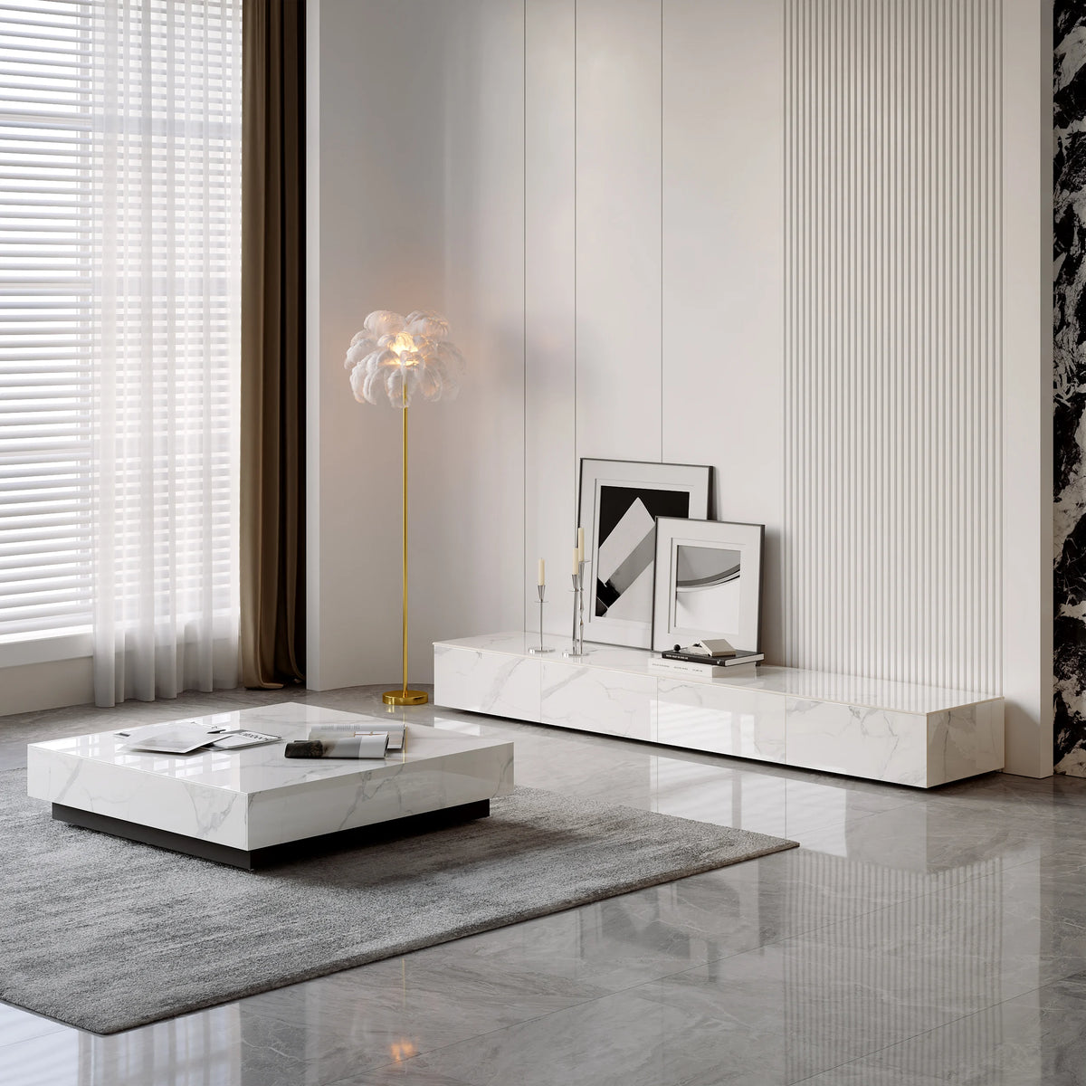 Meuble TV moderne en pierre frittée 200 cm avec 4 tiroirs Blanc brillant
